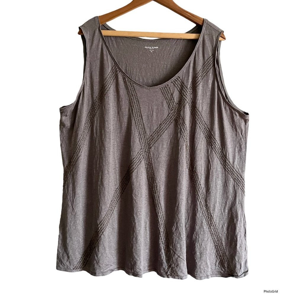 ❌Eileen Fisher 100% Linen 2X Tank, Embellished 2XL XXL Jersey Beaded Cool Gray